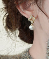 Pendientes colgantes cuadrados de perla y circonita de aleación de plata esterlina y oro de moda